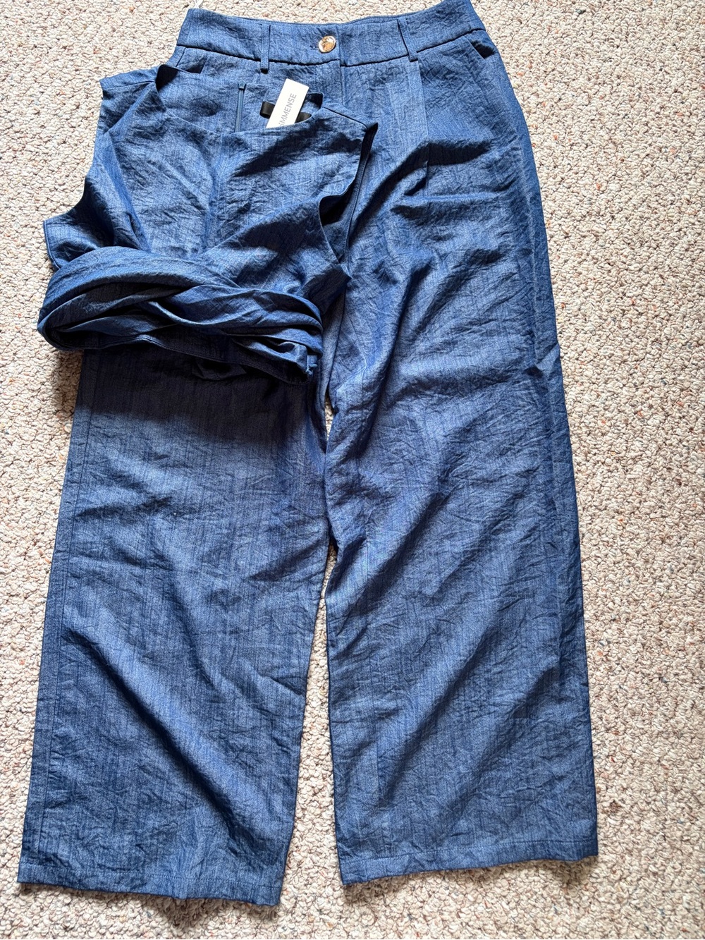 NWT Commense women’s medium crop tank top wide leg trouser chambray blue set